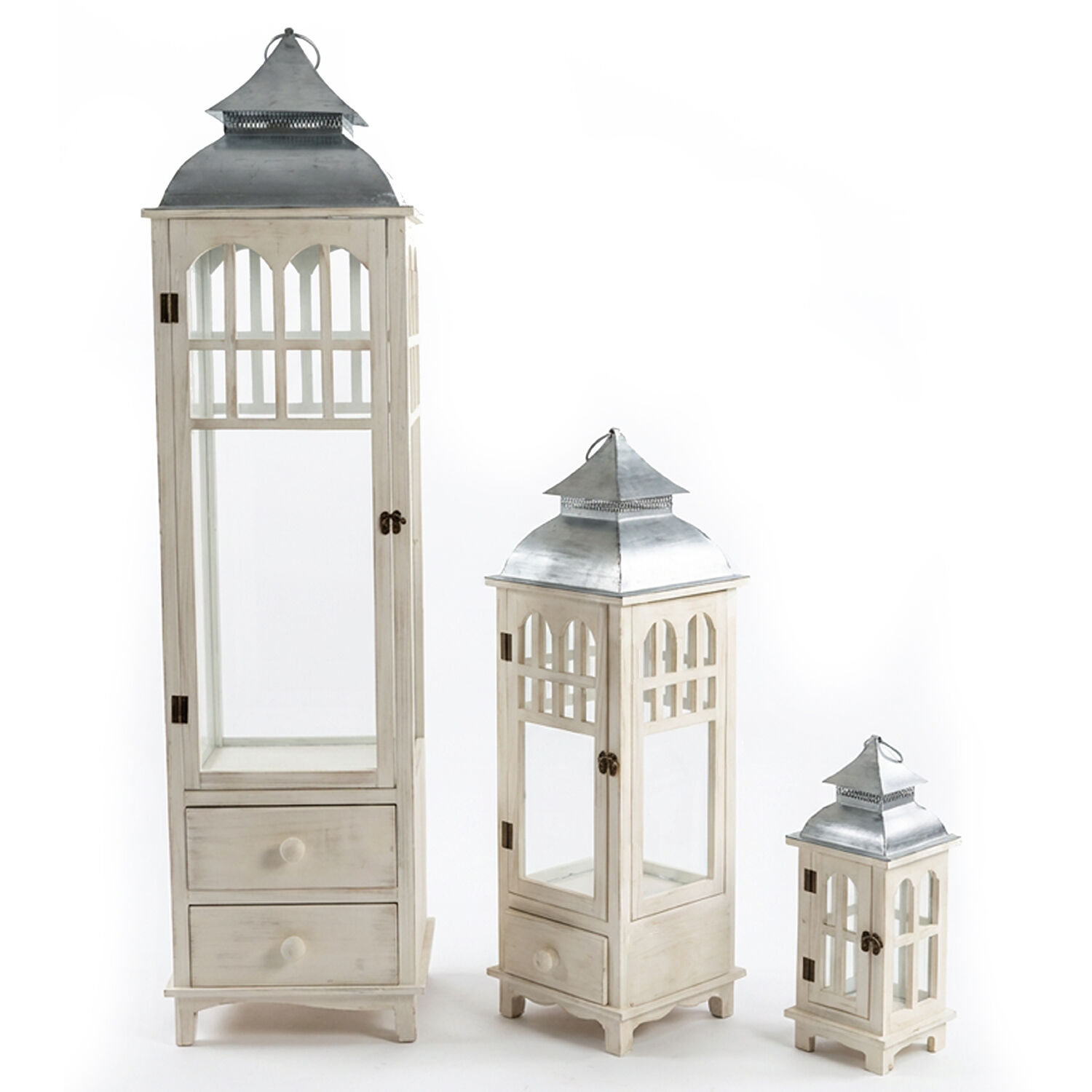Set of 3 White Wooden Lanterns with Metal Top 32X32X129+24X24X77+16X16X42cm