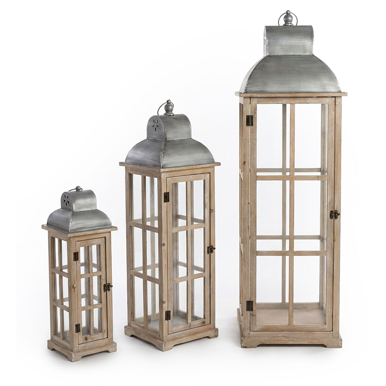Set of 3 Natural Wood Lanterns Metal Top 33X33X110+26X26X84+18X18X58cm
