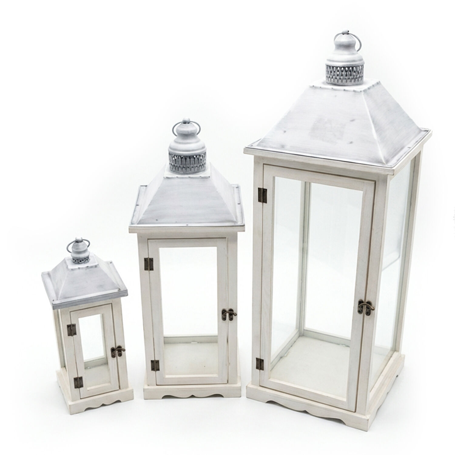Set of 3 White Wooden Lanterns with Metal Top 32X32X87+24X24X67+16X16X43cm