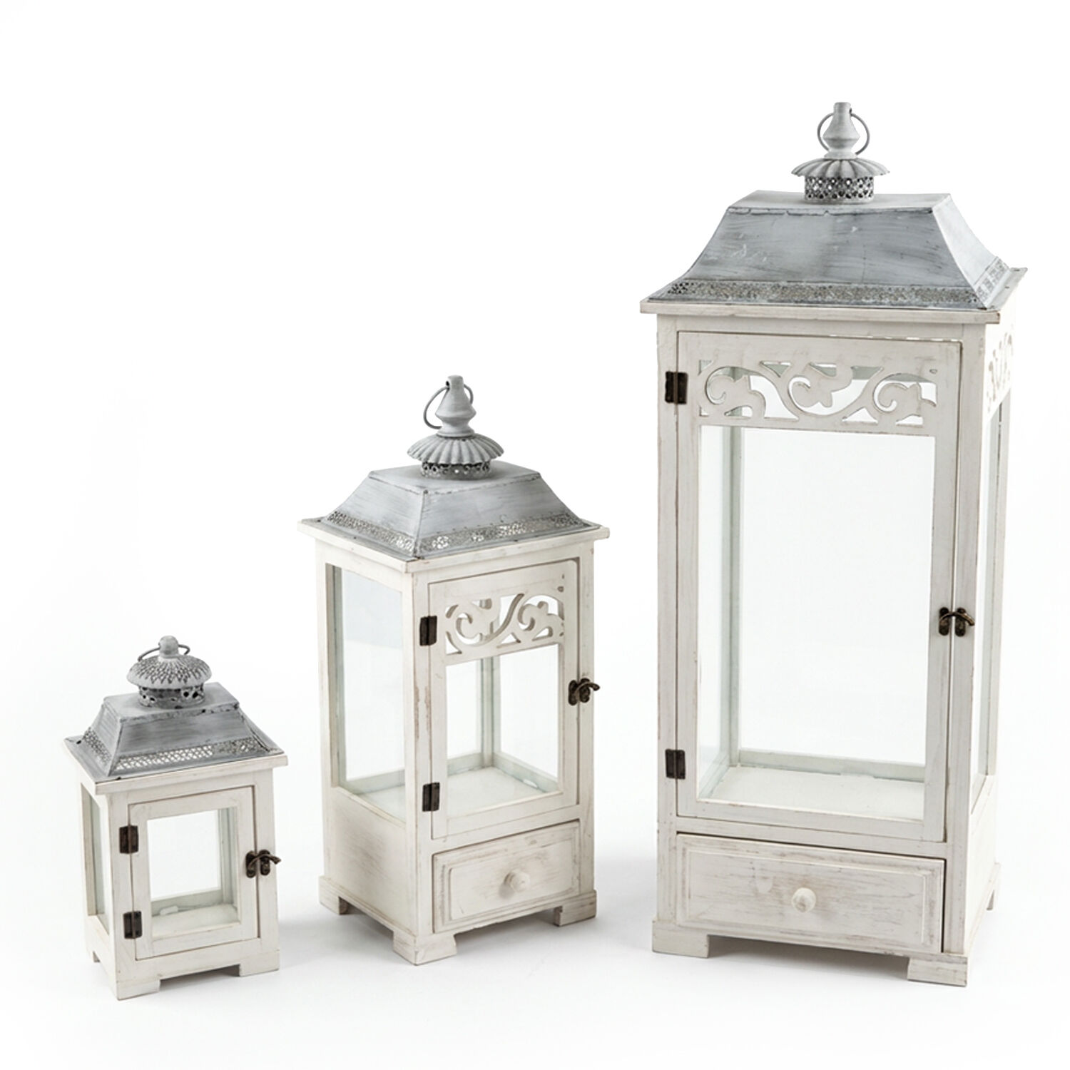 Set of 3 White Wood Lanterns Metal Top 33X33X102+25X25X79+18X18X56cm - LifeLike_75603
