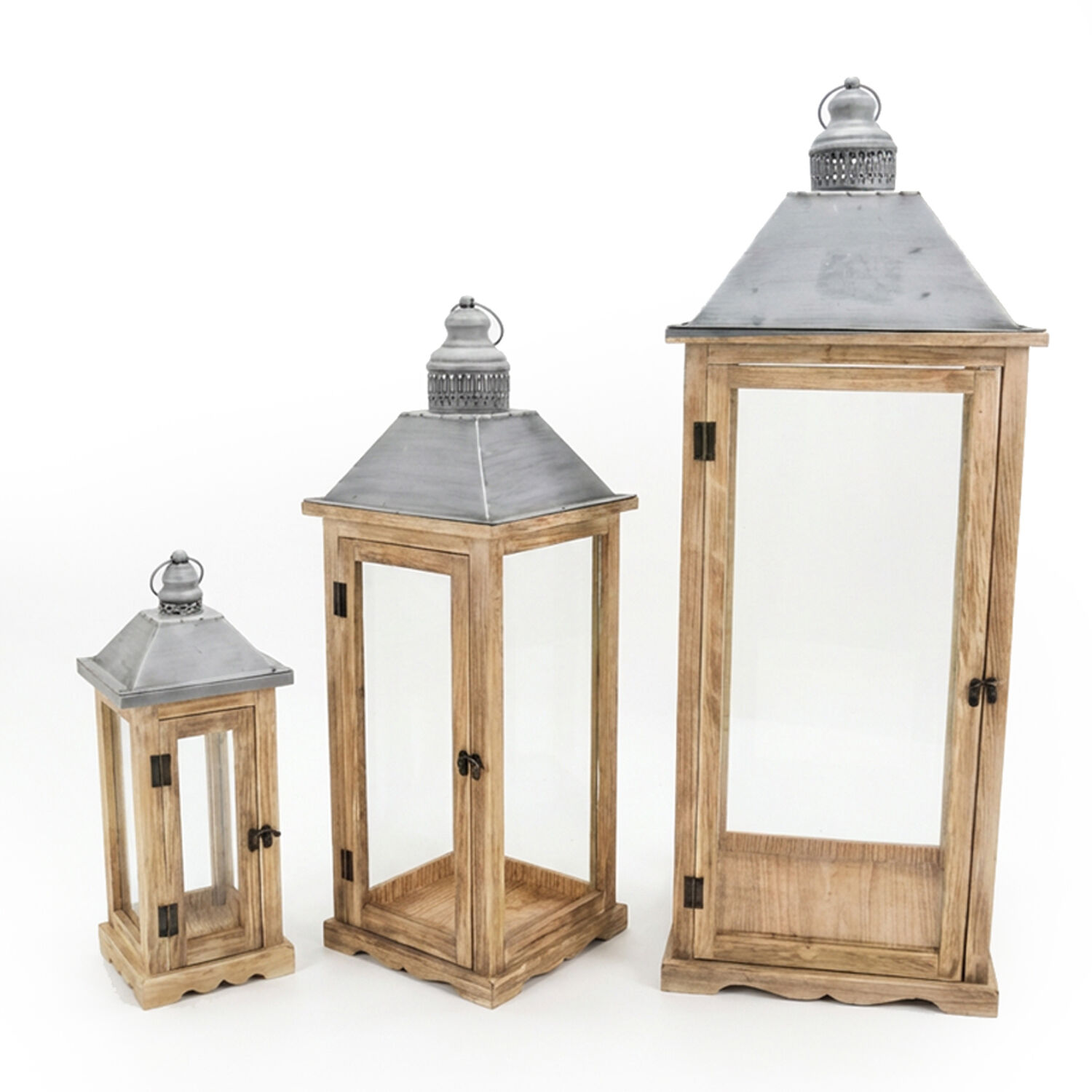 Set of 3 Natural Wood Lanterns with Metal Top 32X32X87+24X24X67+16X16X43cm