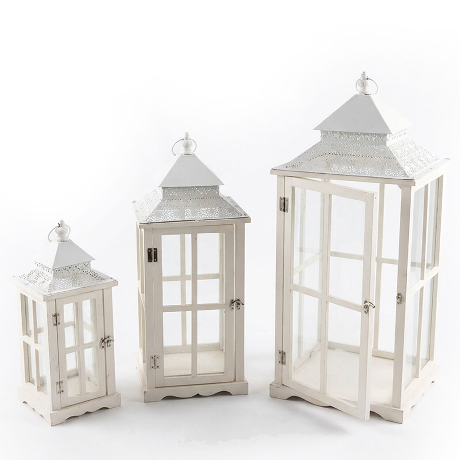 Set of 3 White Wooden Lanterns with Metal Top 31X31X77+24X24X62+17X17X45cm