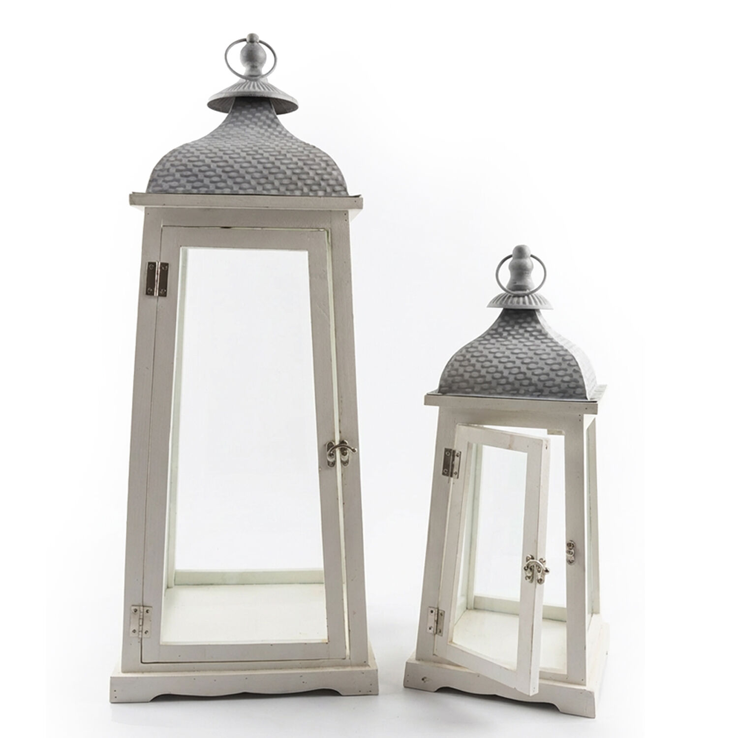 Set of 2 White Wood Lanterns with Superior Metal 24X24X73+18X18X49cm