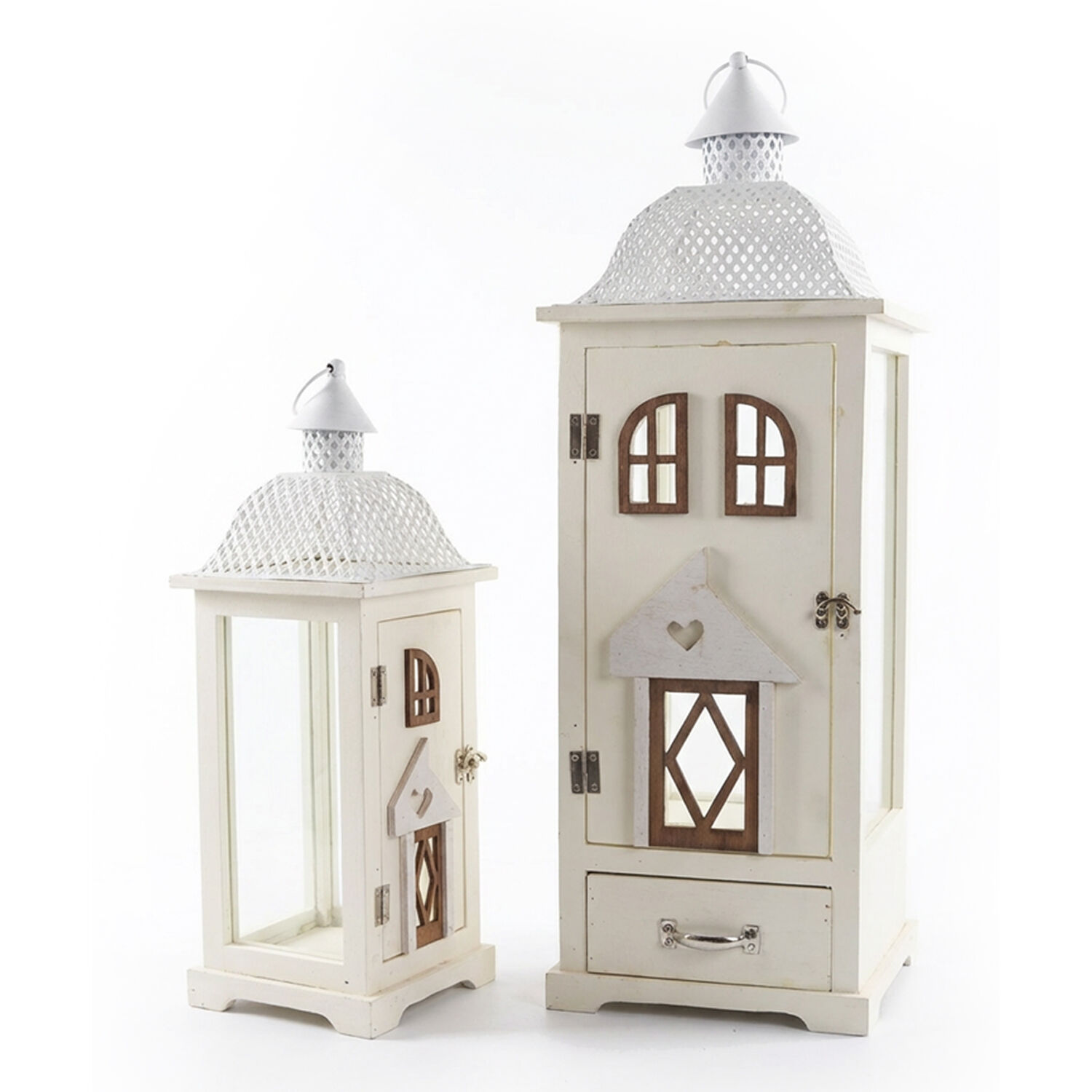 Set of 2 White Wooden Lanterns with Metal Top 25X25X76+18X18X51cm