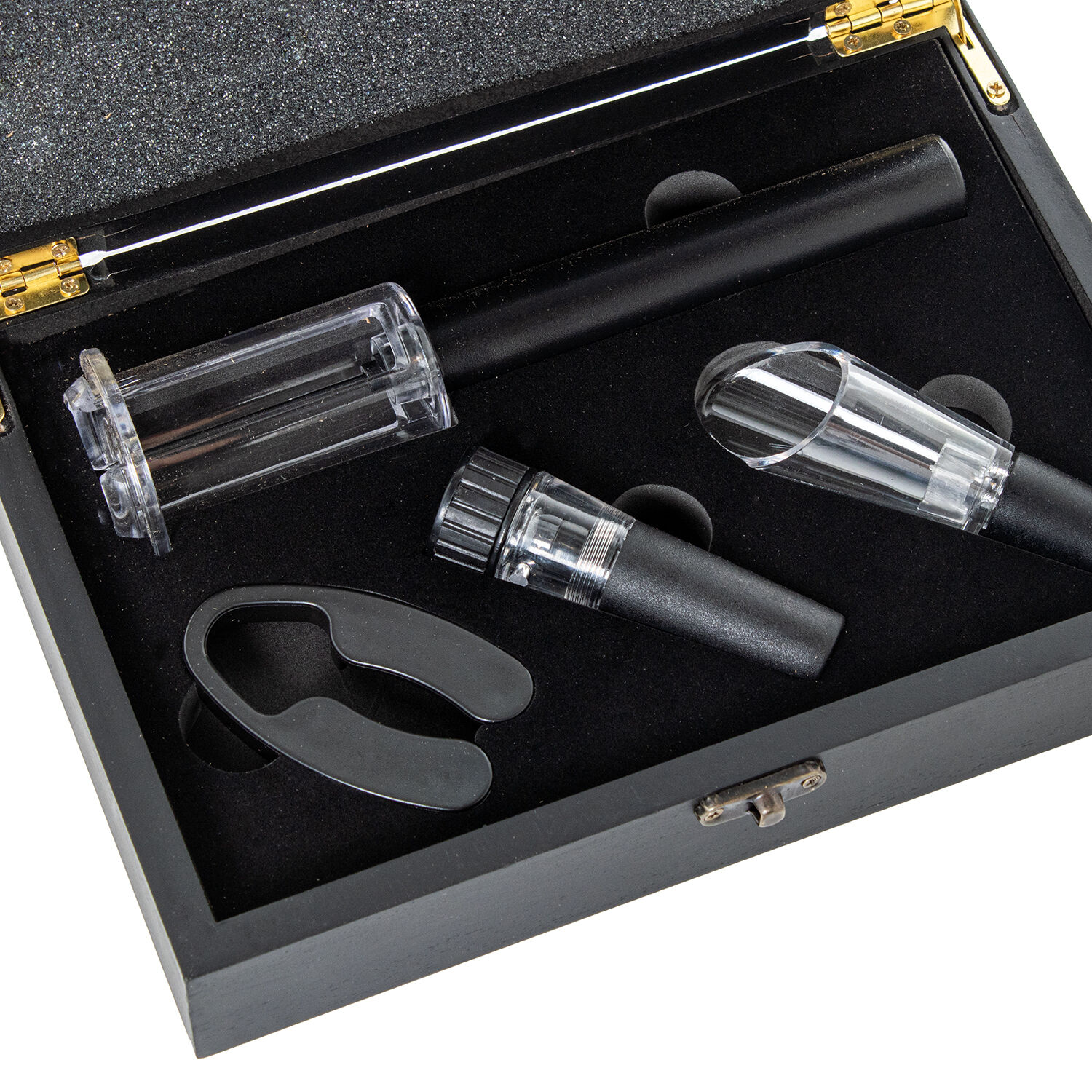 Set of 4 Wine Utensils with Black Wooden Box, Air Corkscrew 23.5X15.5X7cm