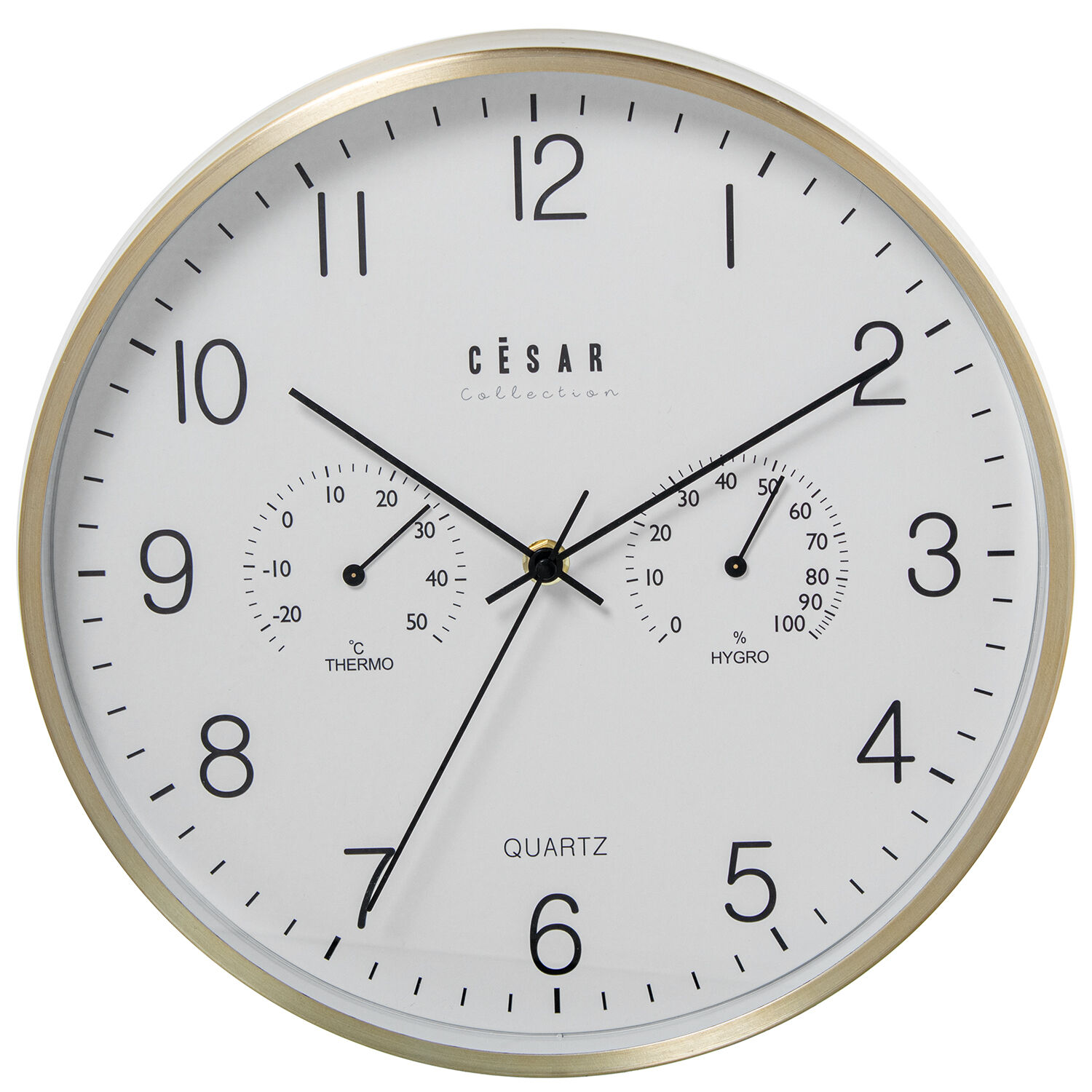 Orologio da parete in alluminio, cornice dorata da 30 cm con termometro e igrometro, dimensioni 30x4 cm. Batteria: 1xAA (non inclusa).