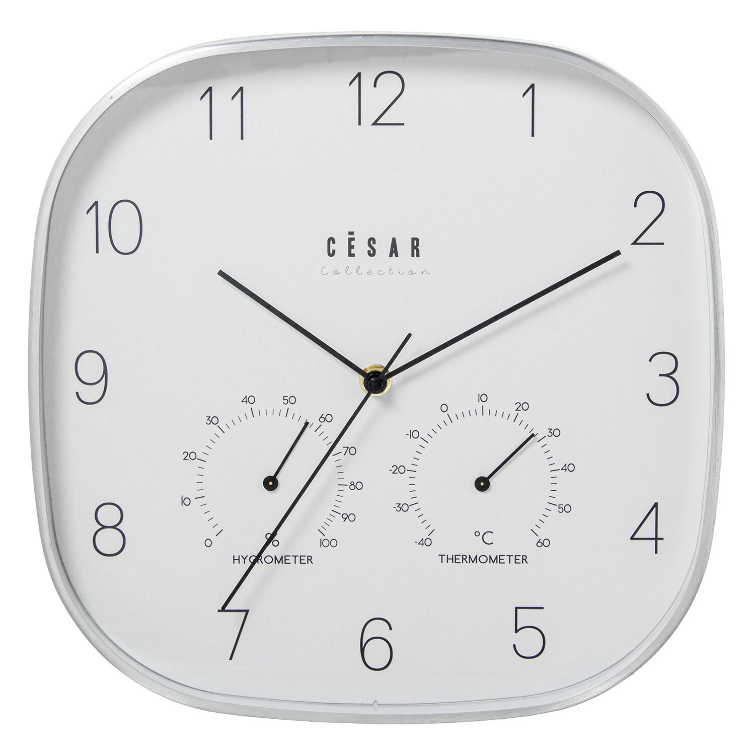 Orologio da parete in alluminio, cornice argentata da 28 cm, con termometro e igrometro. Dimensioni: 28x4x28 cm. Batteria: 1xAA (non inclusa).