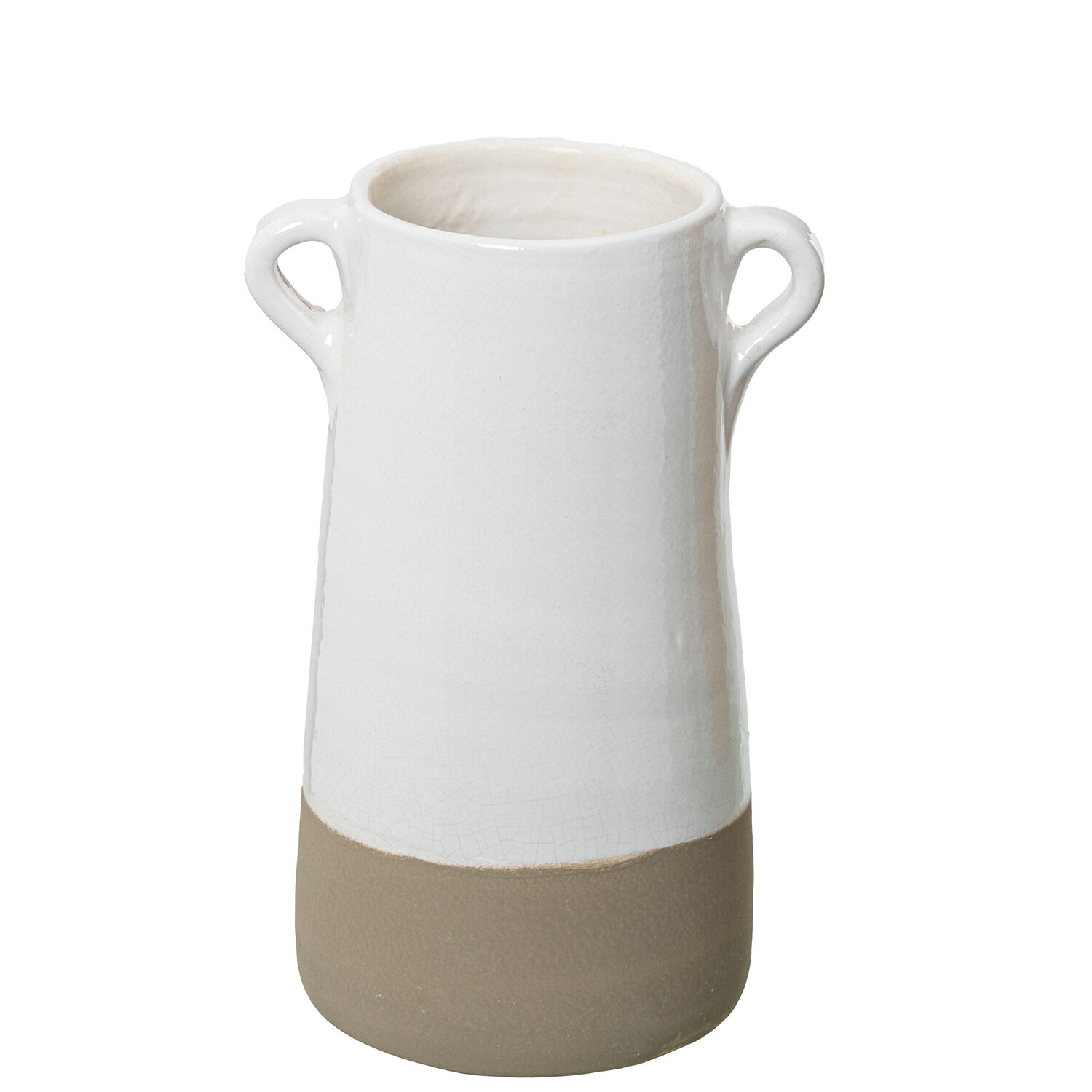 Ceramic Vase with Handles, 25cm, Dark White Gloss, Grey Base, M 13X25cm
