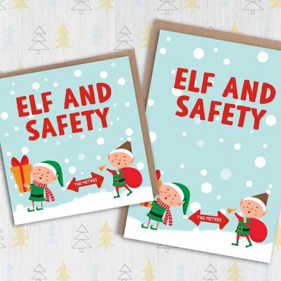 Carte de Noël santé et sécurité : Elfe et sécurité distanciation sociale
