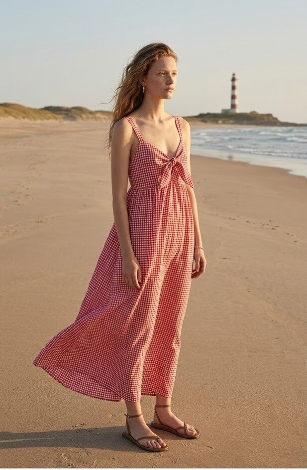 Long gingham check dress with bow