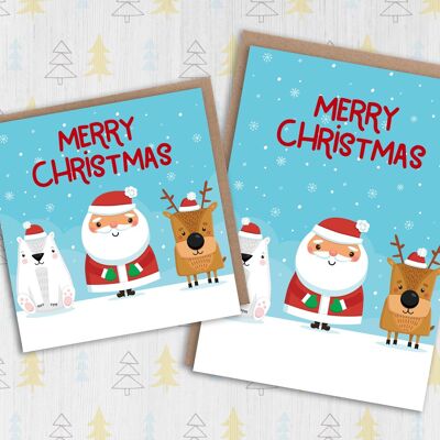 Christmas card: Polar bear, Santa, reindeer
