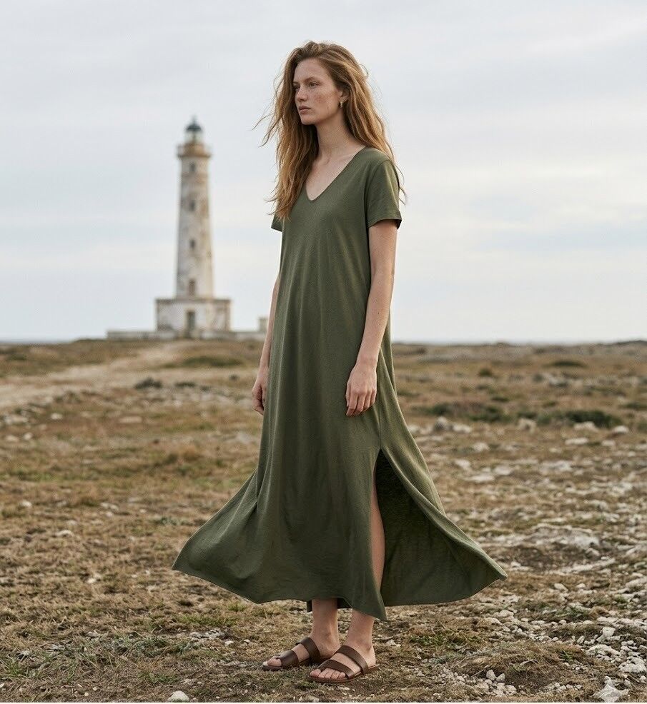 Long Cotton Dress with V-Neck
