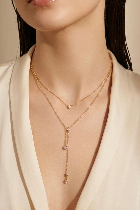 Collier double rang en Y avec zircons en acier inoxydable 224AQ273