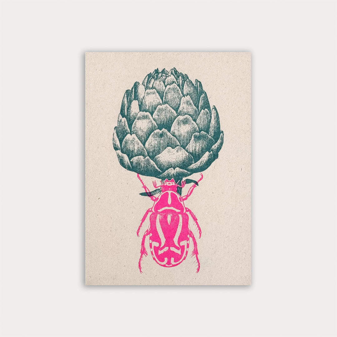 Postkarte / Artischocke mit Käfer / Ökopapier