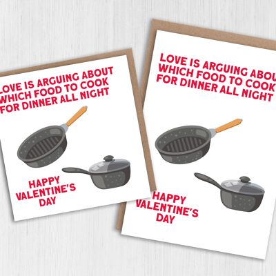 Valentinstagskarte: Liebe ist... entscheiden, was man zum Abendessen kocht