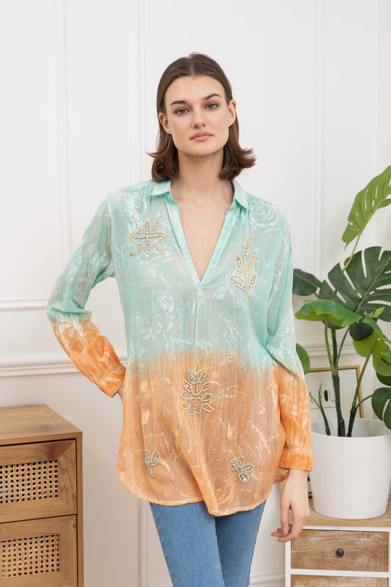 Flowy long-sleeved shirt with embroidery and open collar