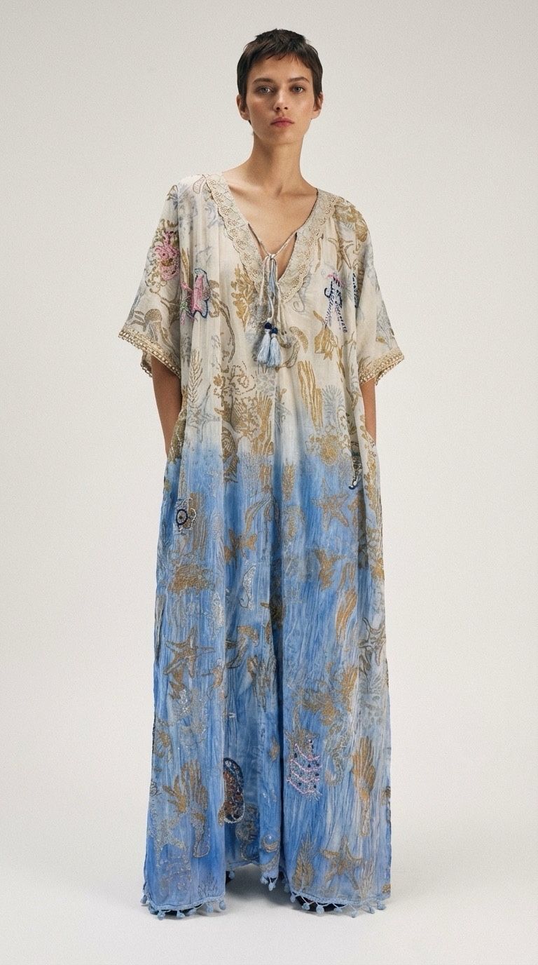 Vestido largo y holgado con mangas cortas, escote en V y lazos con borlas.
