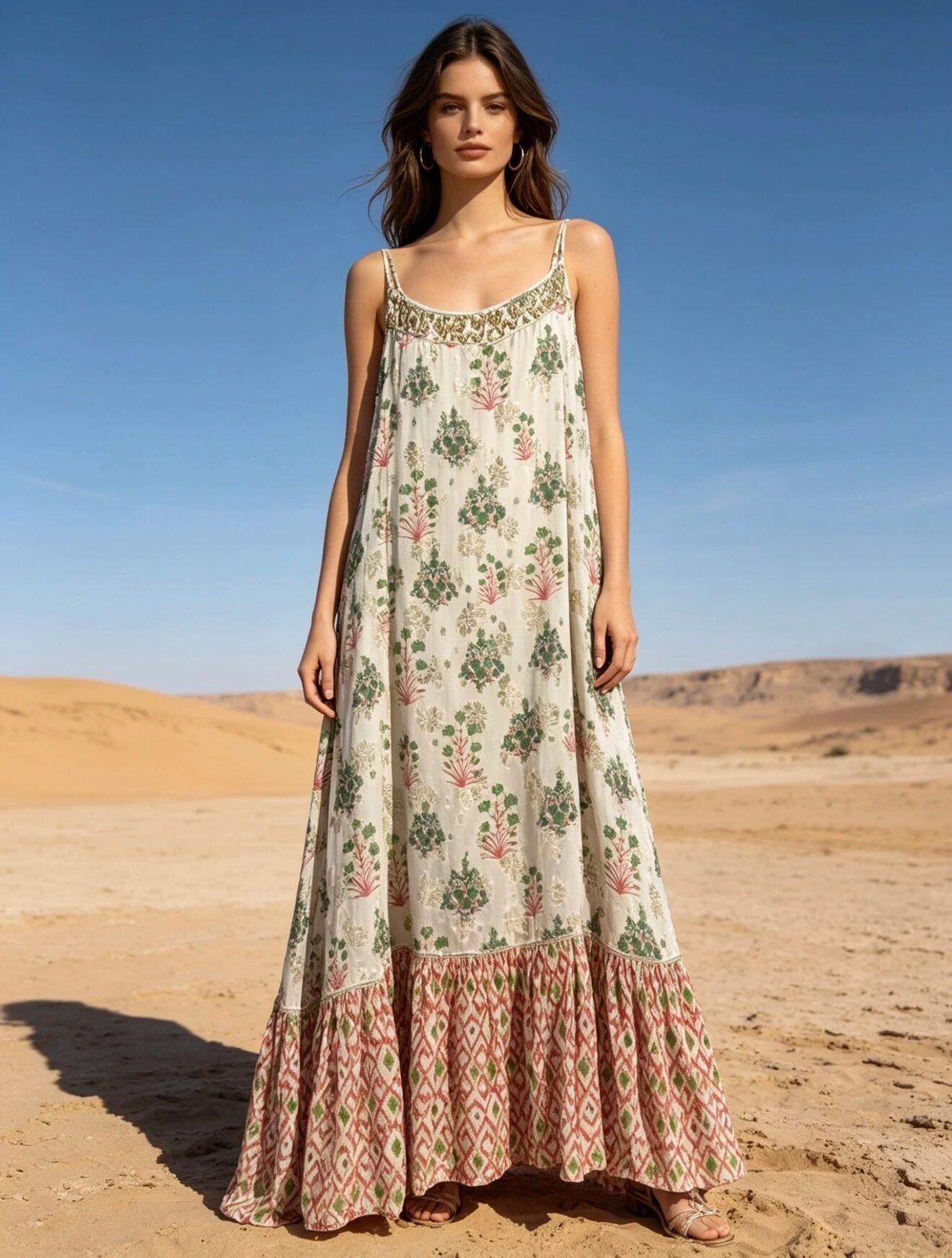 Langes Kleid mit dünnen Trägern, Blumenmuster mit Lurex, ausgestellter Schnitt