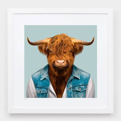 Craig, the Scottish Highland Bull__Light Blue / Large [61cm x 61cm] / Unframed