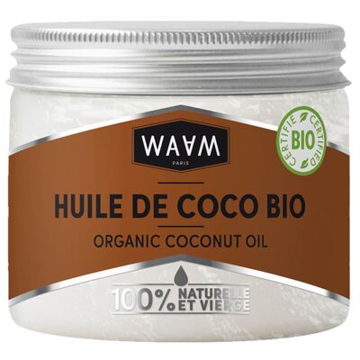 WAAM Cosmetics – Huile végétale de Coco BIO en pot – 100% pure et naturelle – Première pression à froid – Cosmétique & Alimentaire – 350g