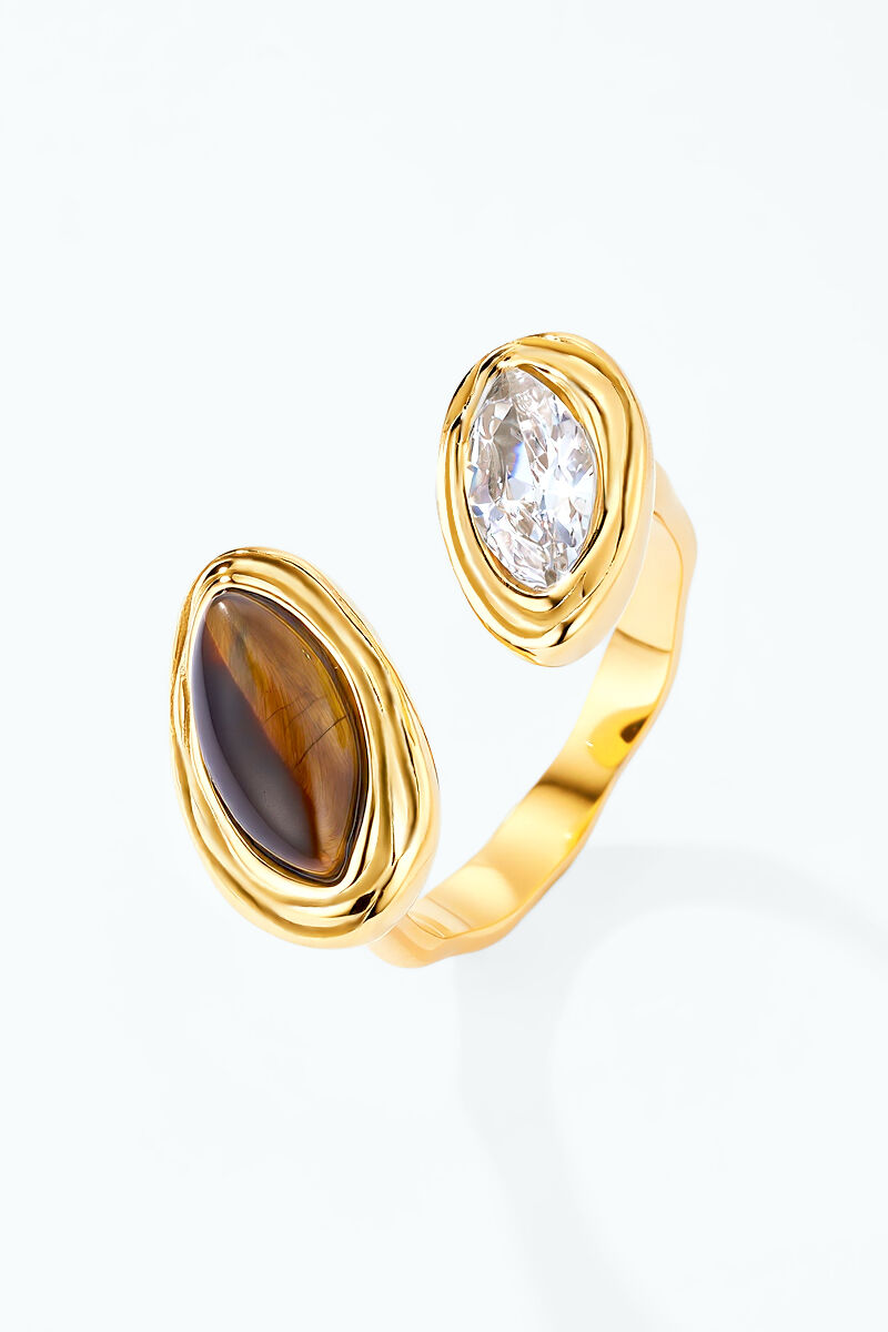Bague Toi & Moi œil de tigre et zircon ovale en acier inoxydable 424AQ506