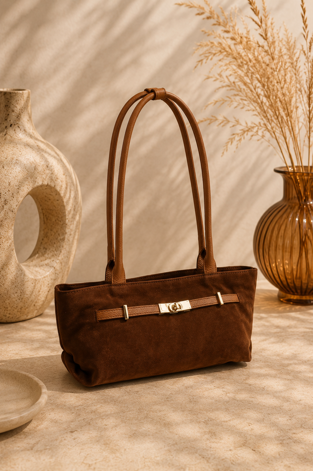Genuine leather baguette bag with metal clasp