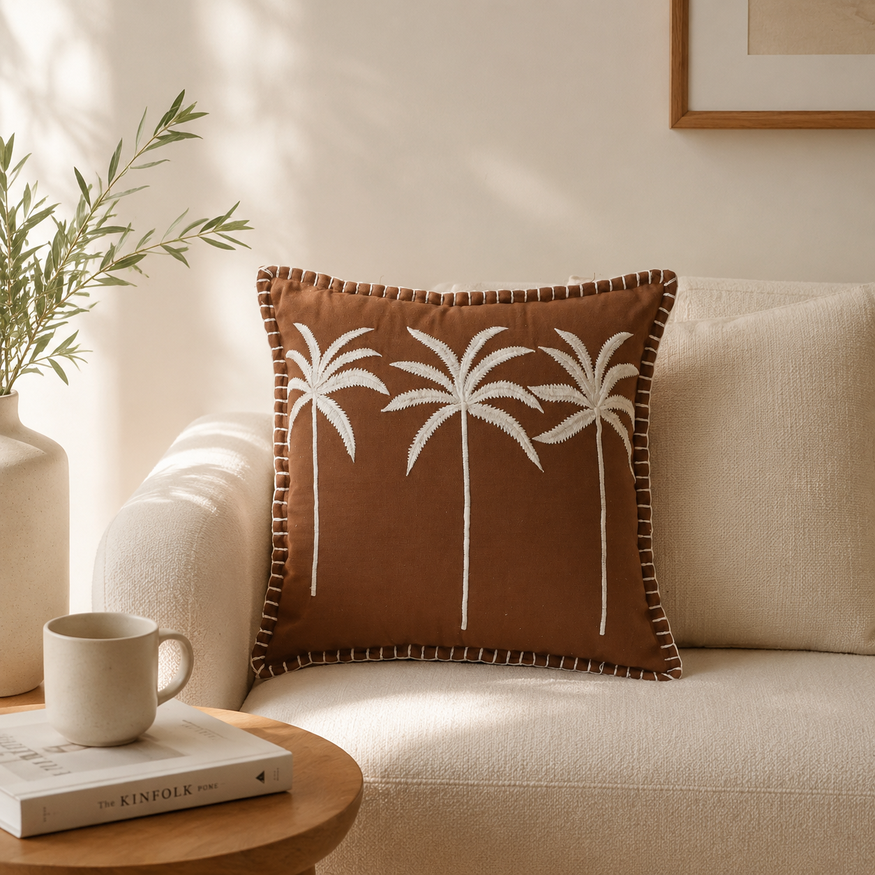 Palm Tree Embroidered Cotton Cushion with Filler 46cm