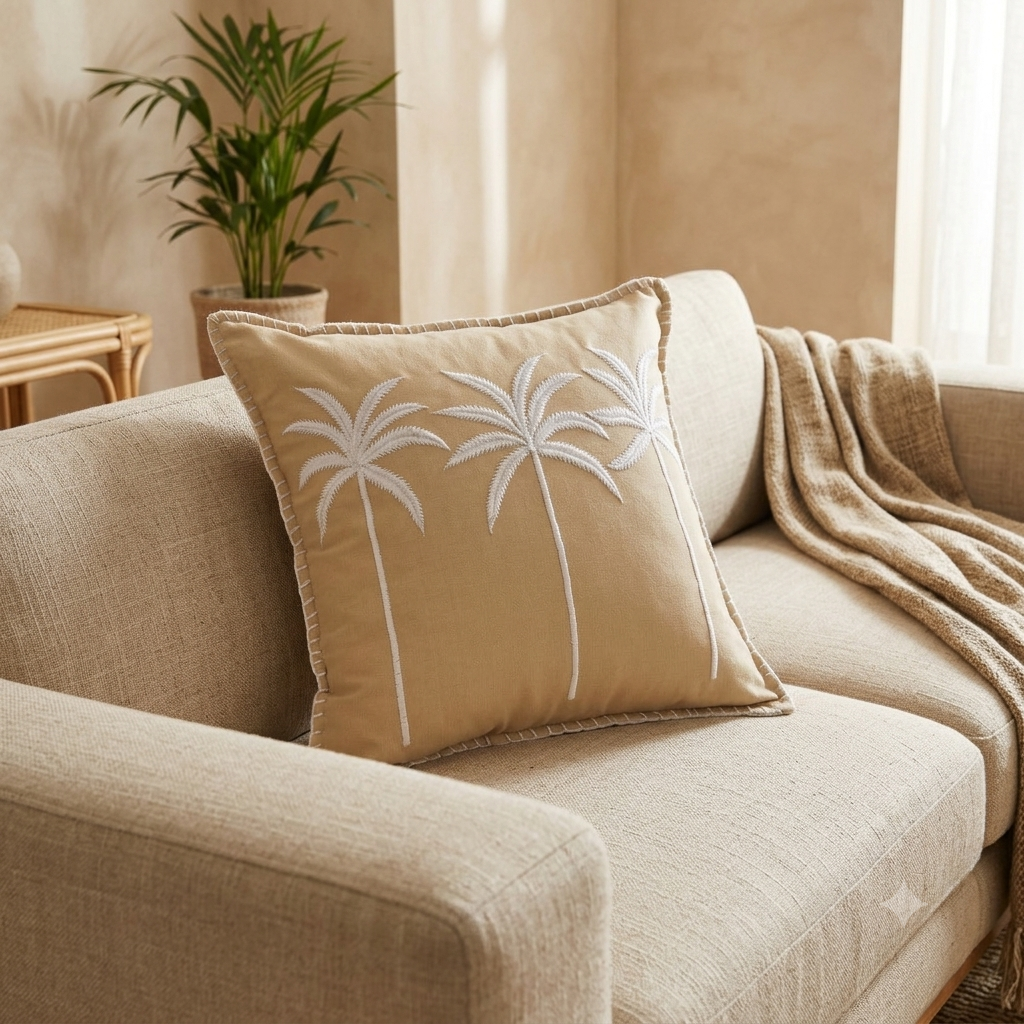 Palm Tree Embroidered Cotton Cushion with Filler 46cm