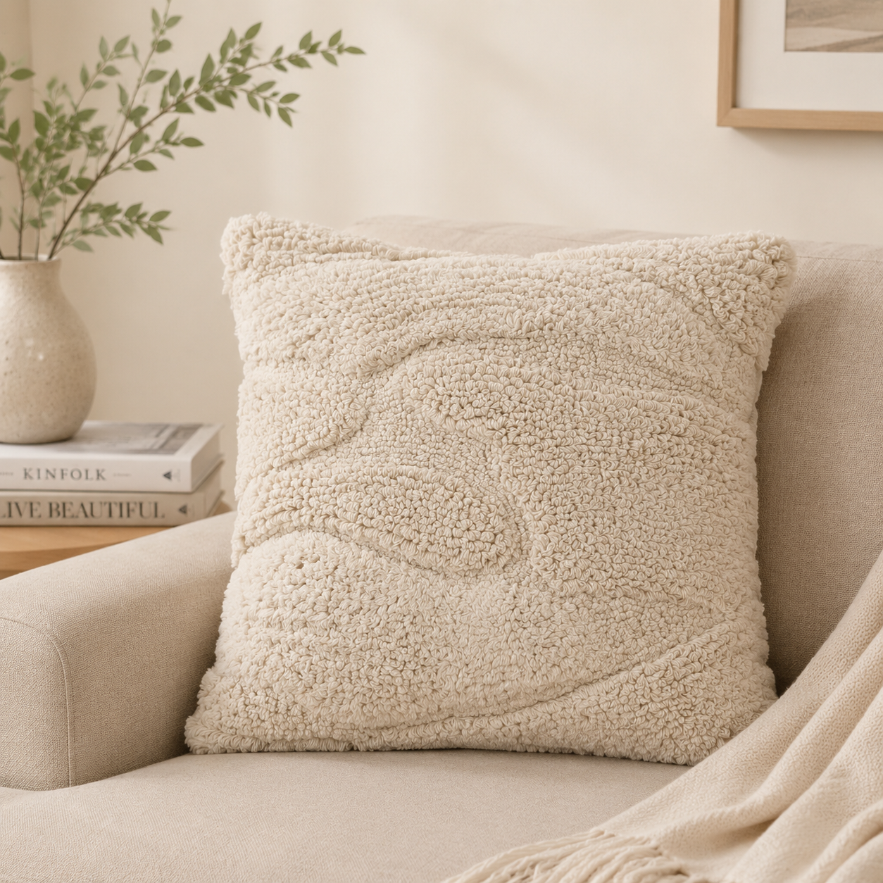 Ivory Haven Tufted Cotton Cushion with Tassels and Filler 46 cm
