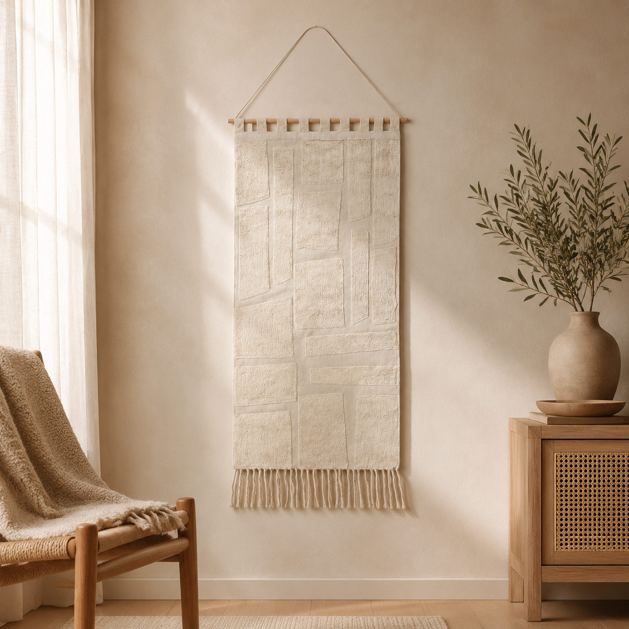 Beige Block Tufted Wall Hanging | Geometric Cotton Wall Art