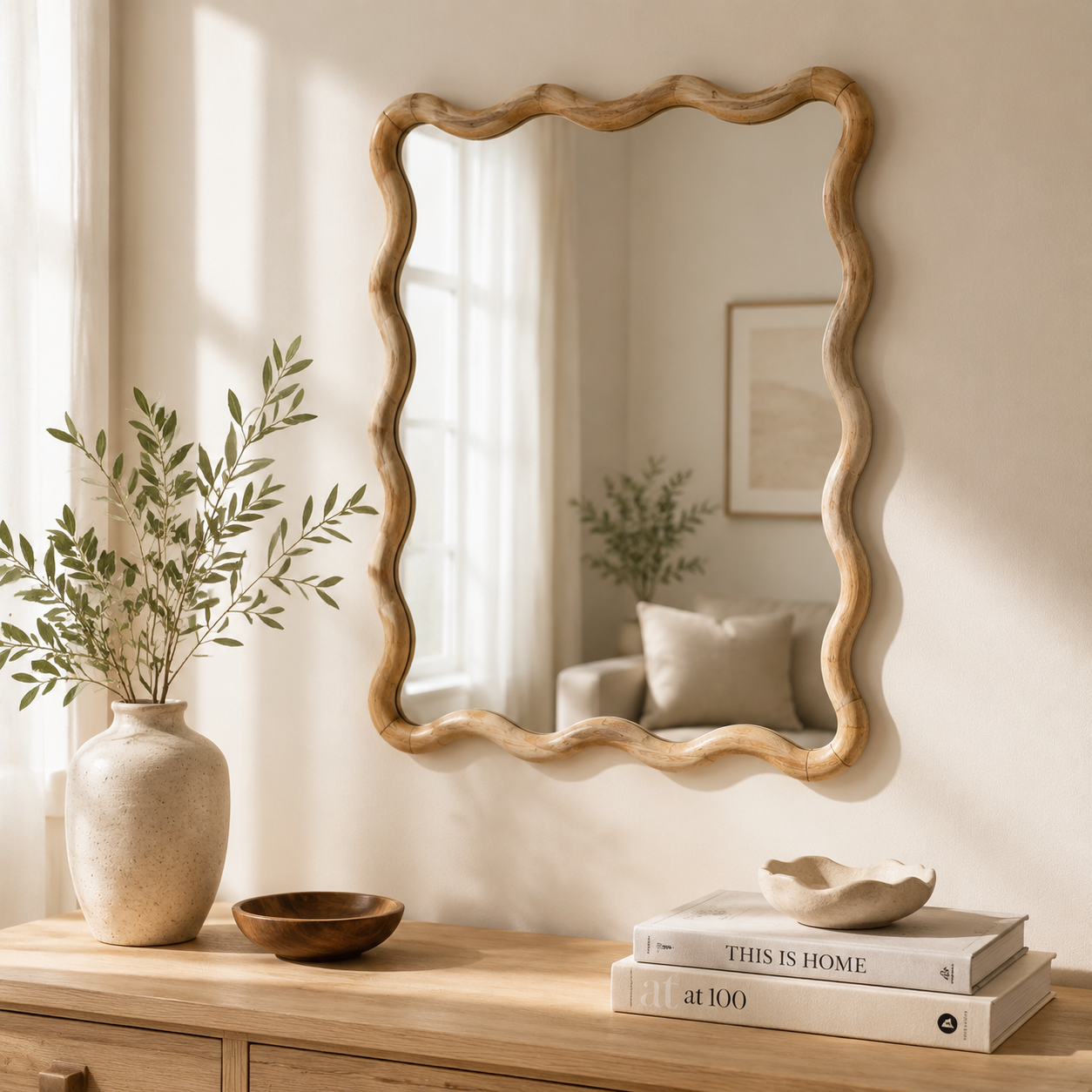 Wandspiegel aus gewelltem Rattan in natürlichem Mangoholz, 90 x 120 cm
