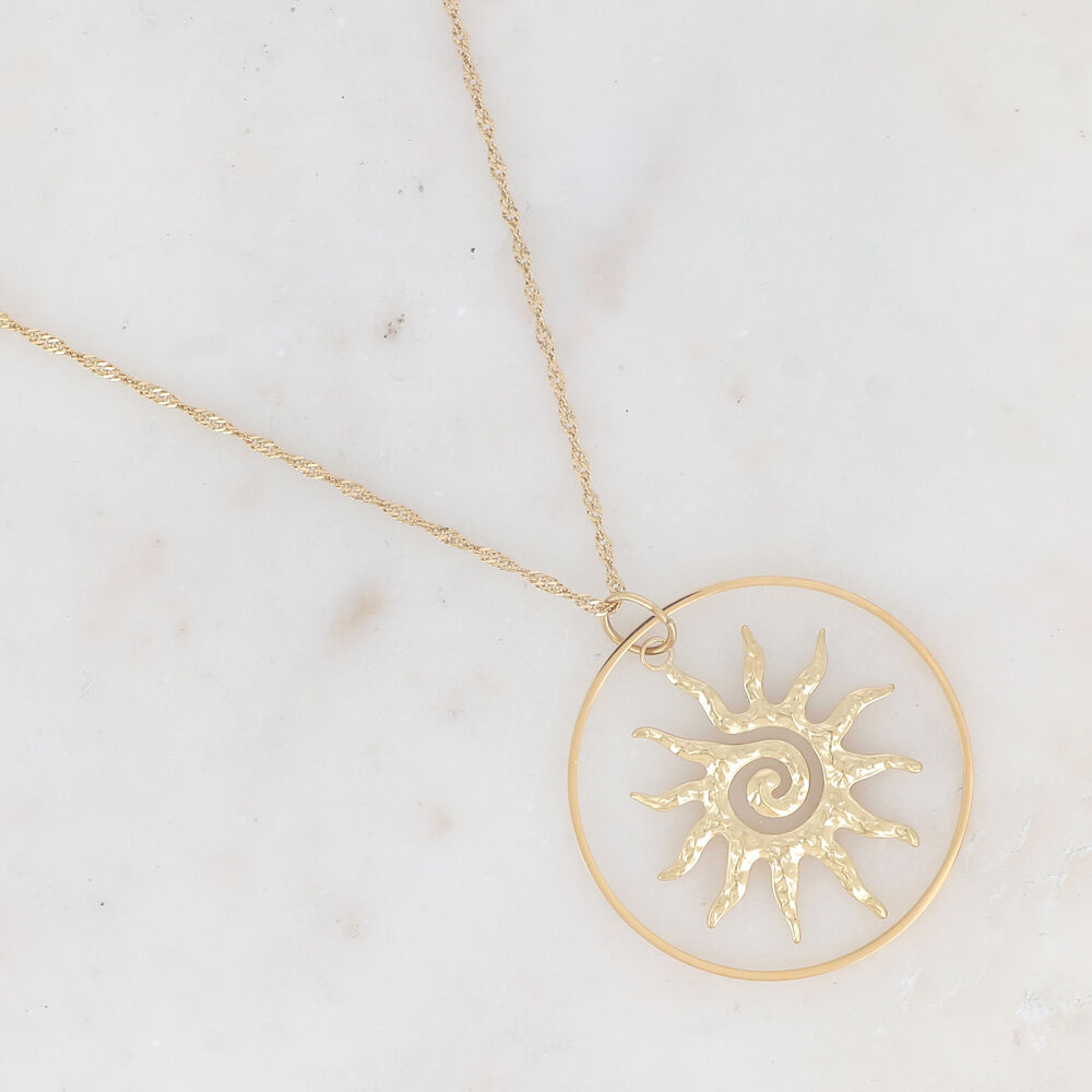 Necklace with smooth ring and hammered sun