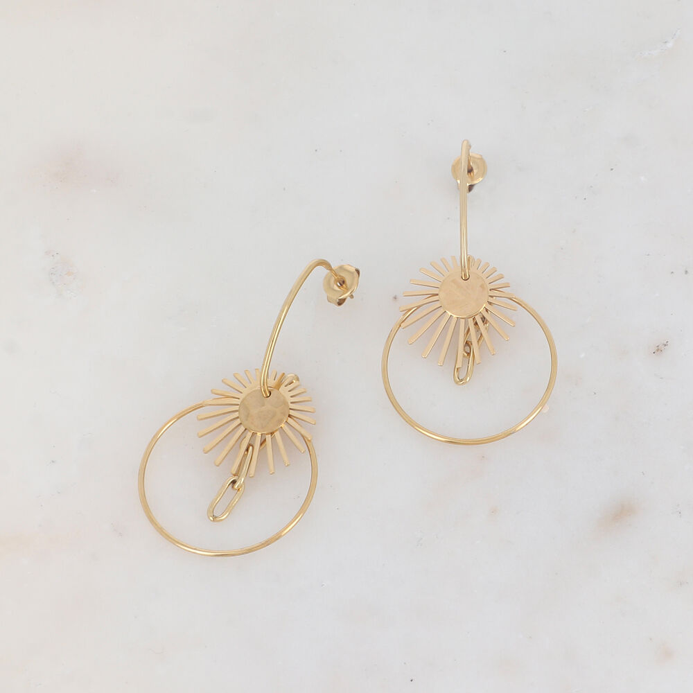 Hoop earrings with a chip design, featuring a ring, sunburst motif, hammered disc, and dangling chain.