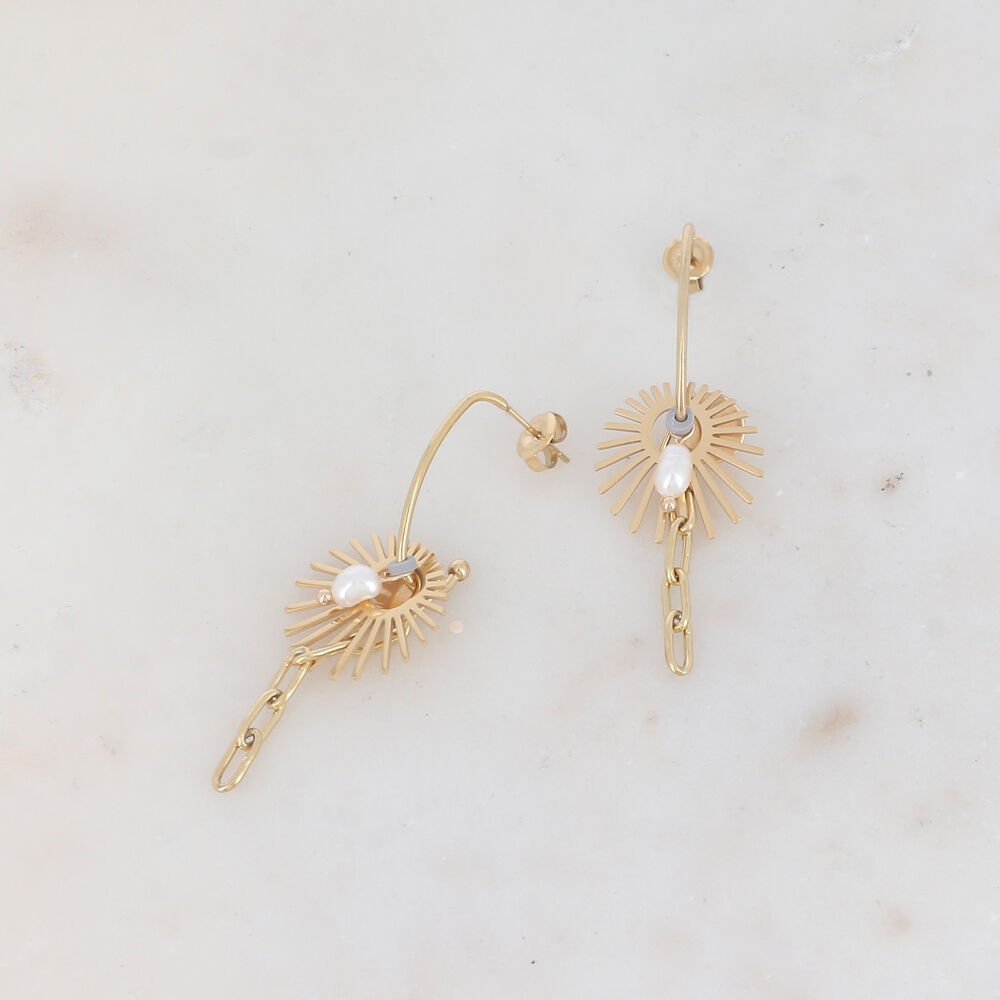 Hoop earrings with a sunburst design, freshwater pearl, Heishi bead and drop chain