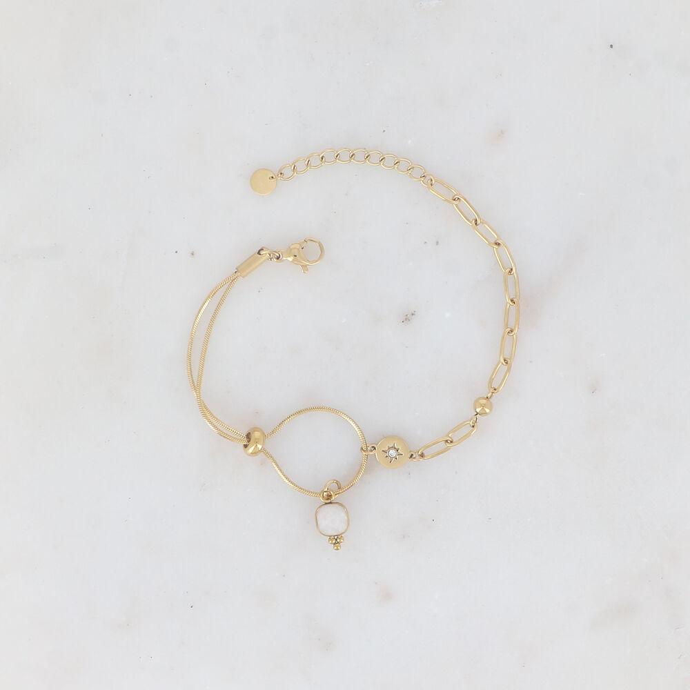 Gold mesh bracelet with small ball, rondelle, round piece with white rhinestone and star and square natural stone tassel