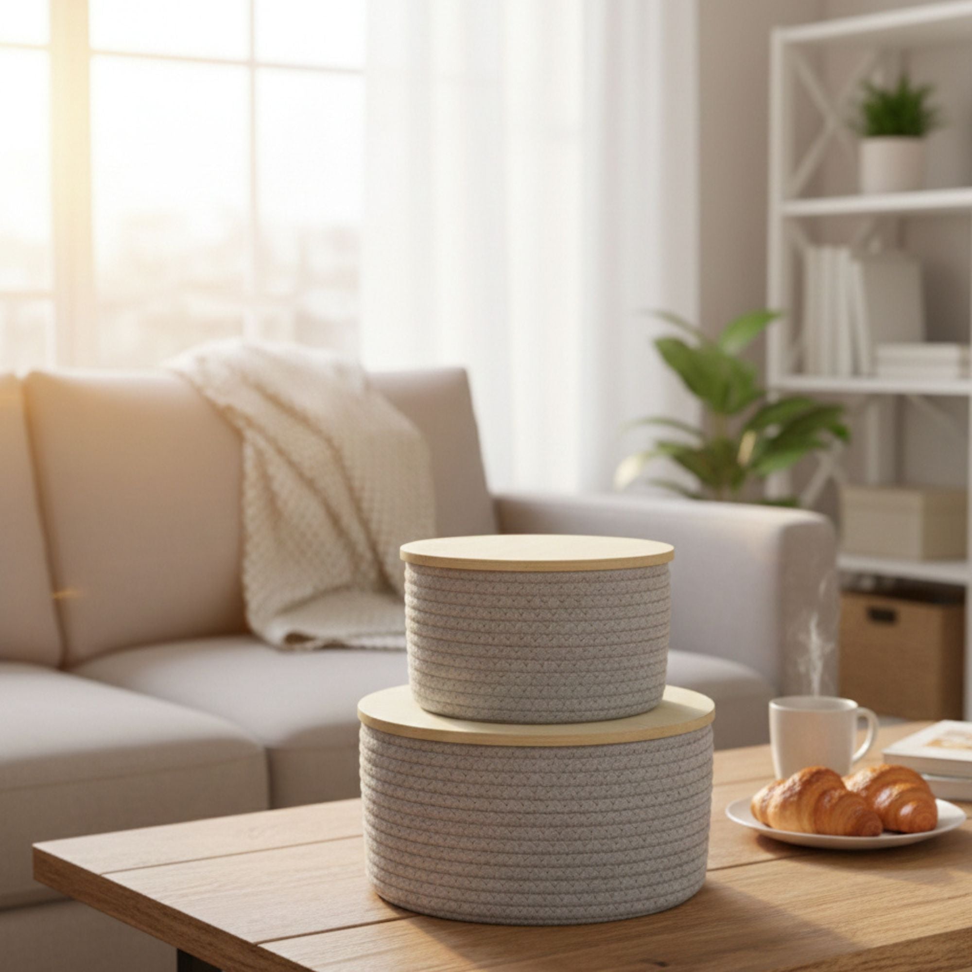 Set of 2 Round Rope Storage Baskets with Wooden Lid – Grey