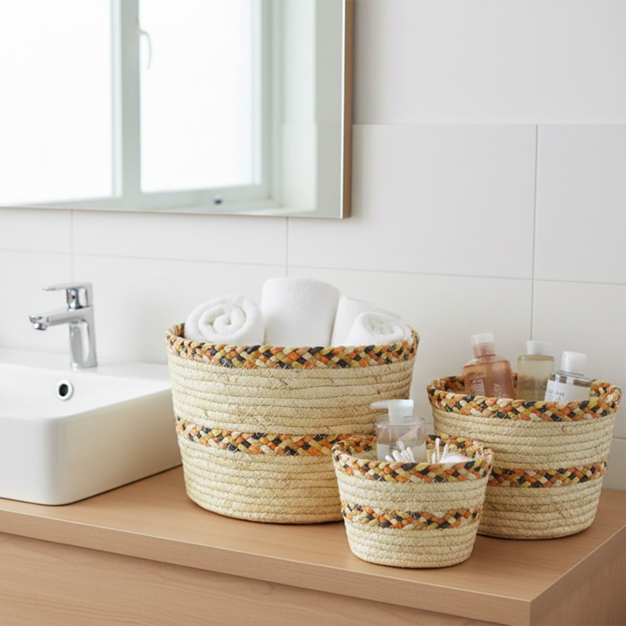 Set of 3 Woven Storage Baskets Natural Straw Rope
