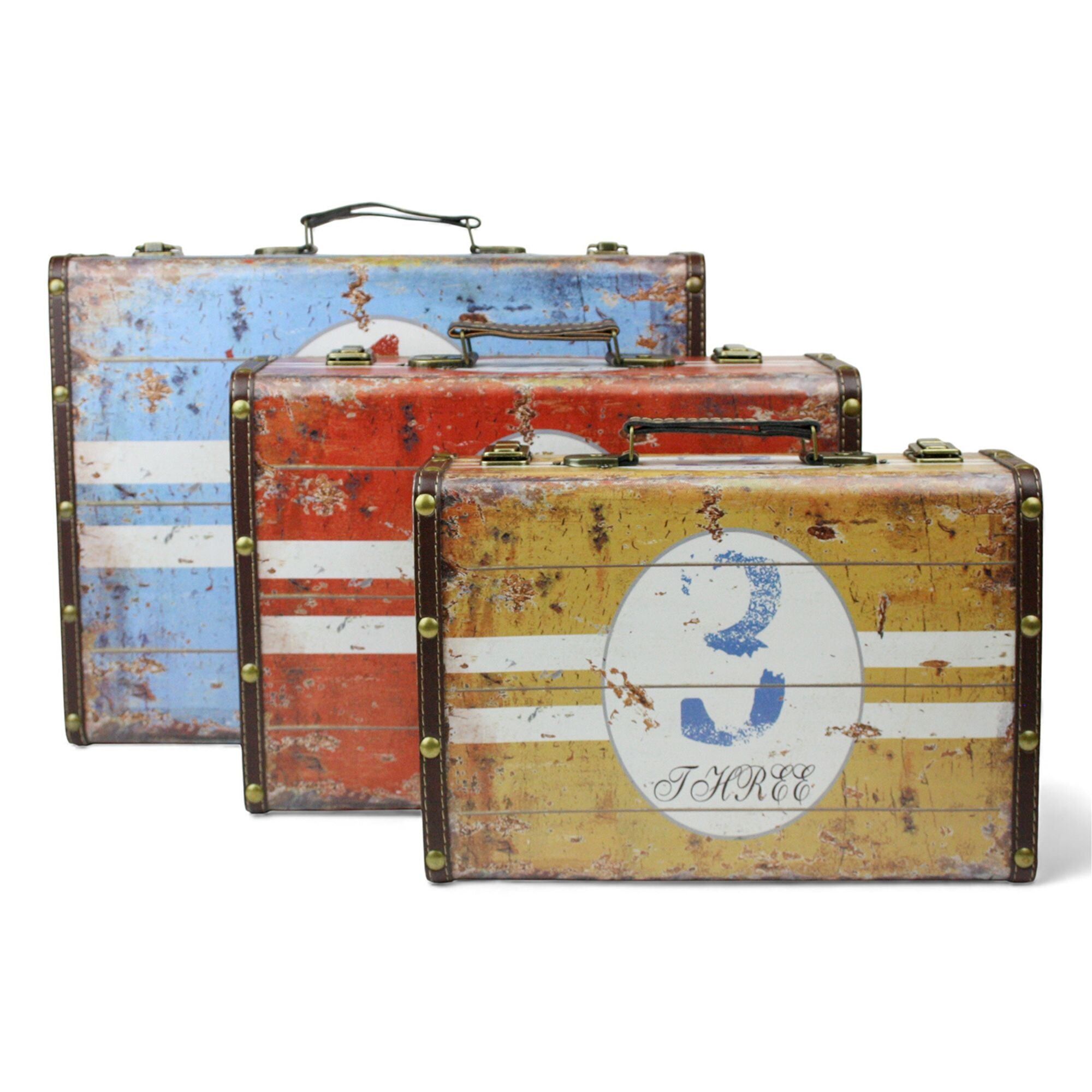 Set of 3 Printed Retro Storage Luggage Suitcase Boxes