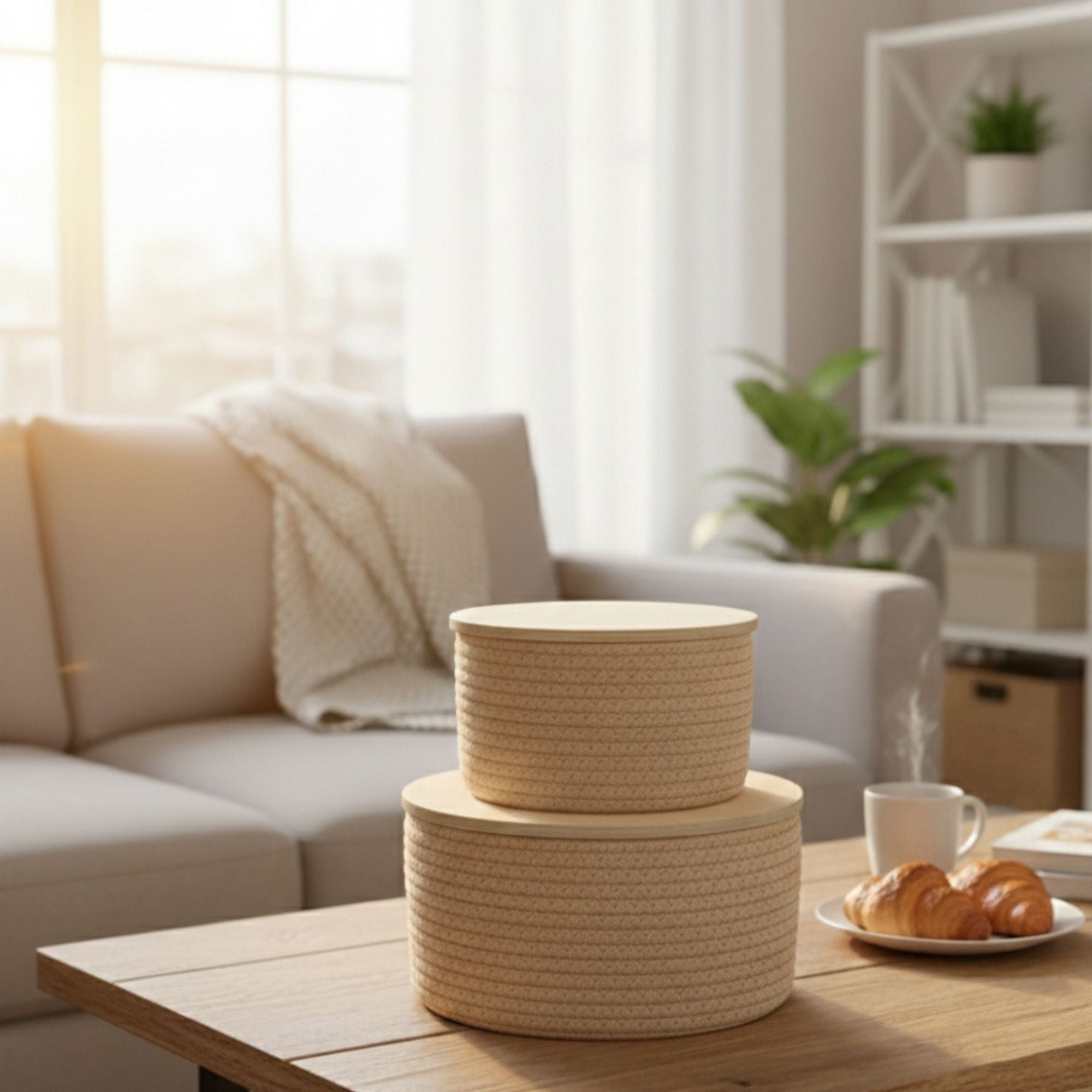 Set of 2 Round Rope Storage Baskets with Wooden Lid – Beige