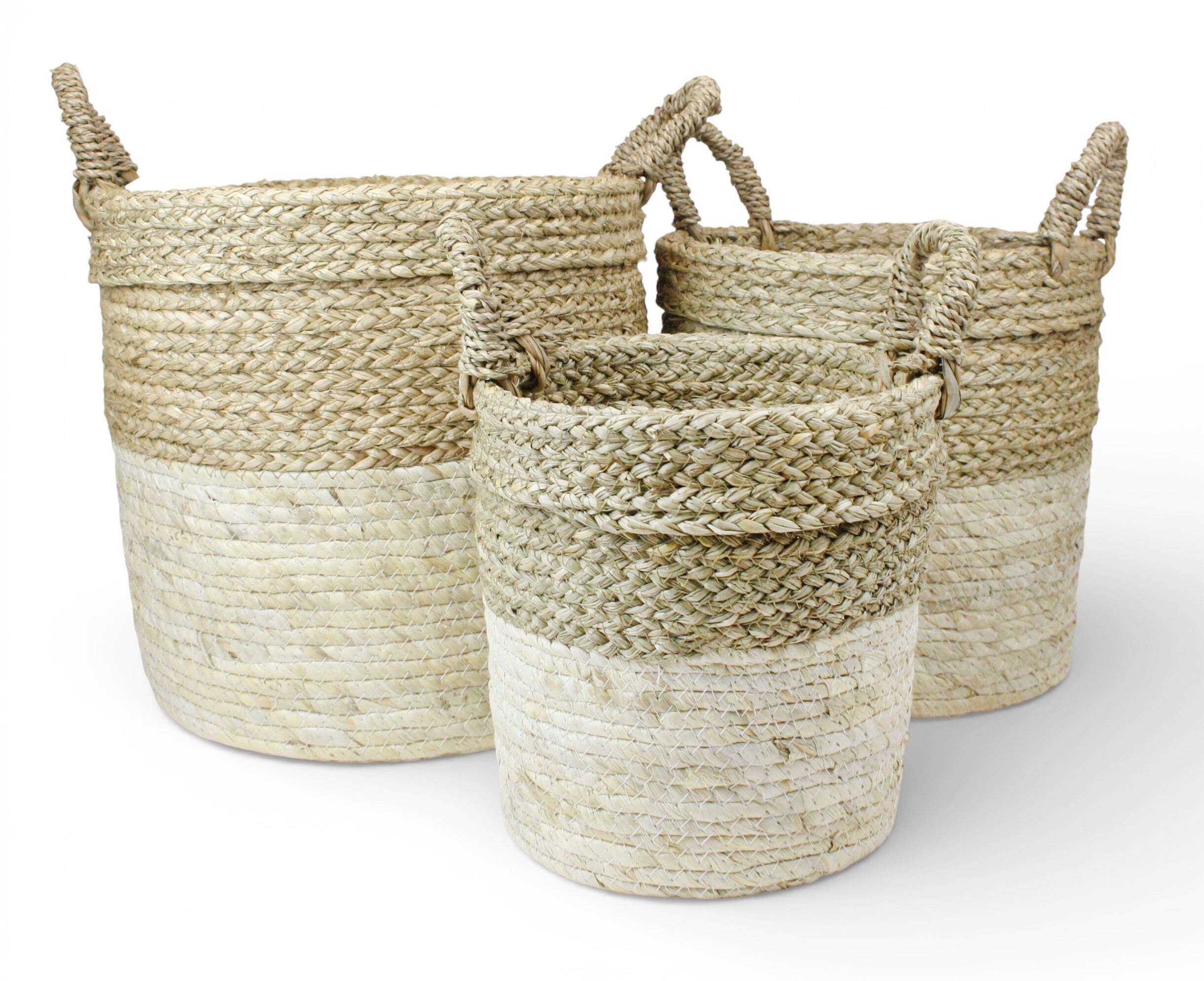 Set of 3 Natural Seagrass Storage Baskets with Handles – Woven Basket