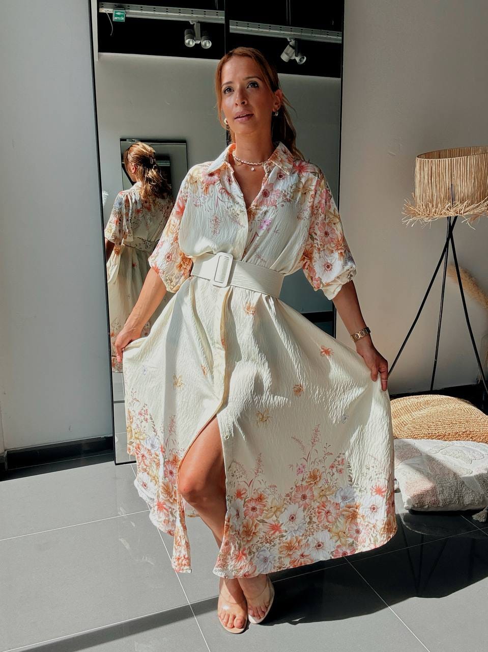 Long Floral Shirt Dress with Belt