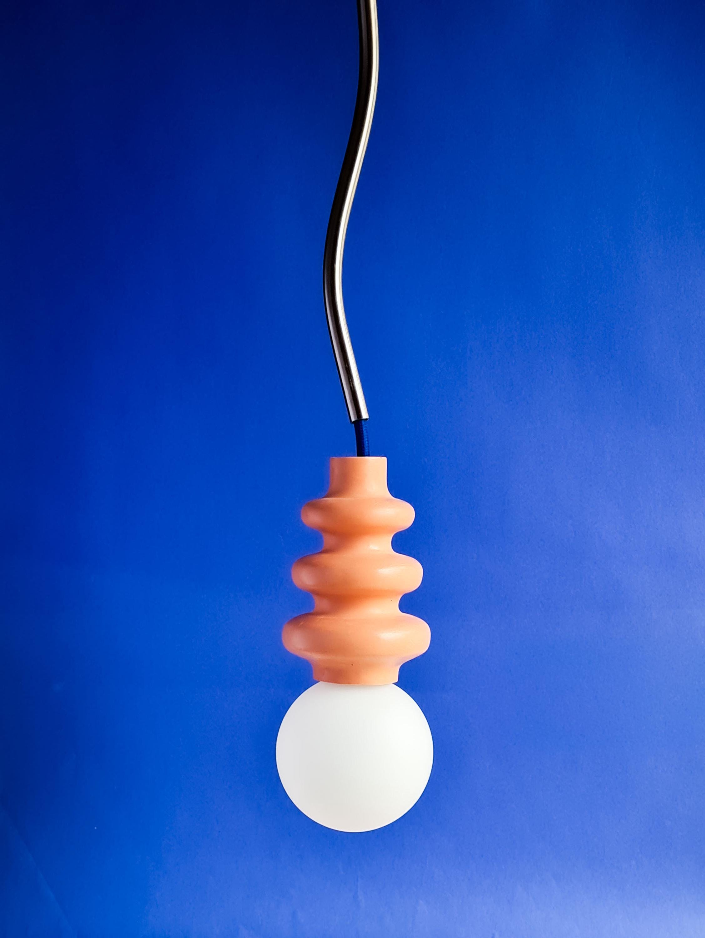 Handmade hanging accent lamp | pink with blue textile cord and chrome squiggle