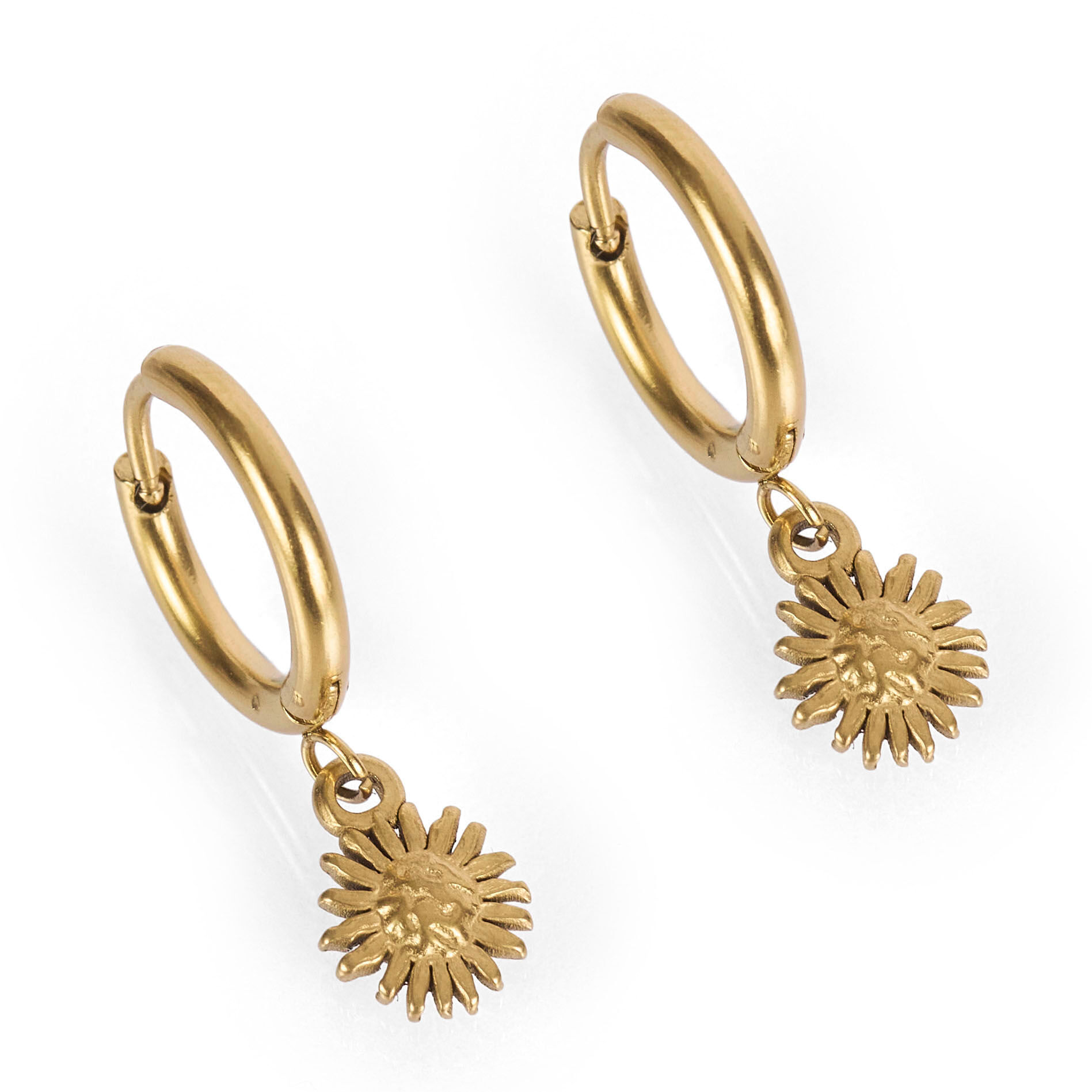 Stainless steel hoop earrings, sunflower motif