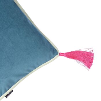 Coussin Rectangulaire en Velours Bleu Sarcelle avec Pompons Fuschia 6