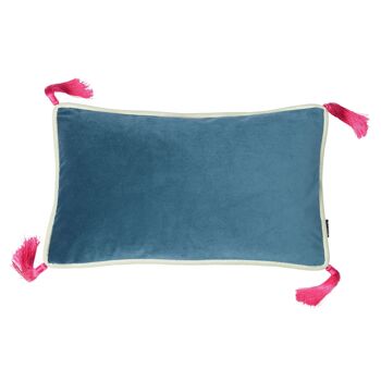 Coussin Rectangulaire en Velours Bleu Sarcelle avec Pompons Fuschia 1