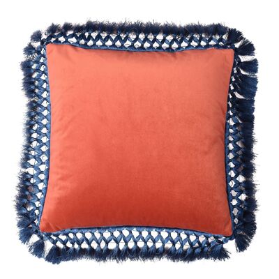 Ruby & Blush Oriental Velvet Cushion with Blue Fringe