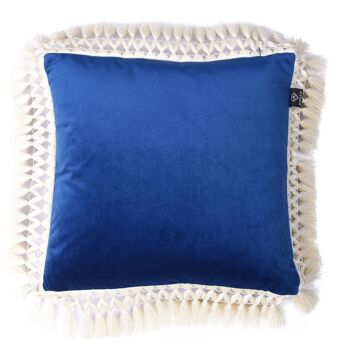 Coussin Oriental Velours Indigo & Bleu Pâle à Franges Ivoire 5