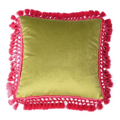 Pistachio & Olive Oriental Velvet Cushion with Fuschia Fringe
