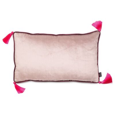 Rechteckiges Kissen aus silbernem Samt mit rosa Quasten