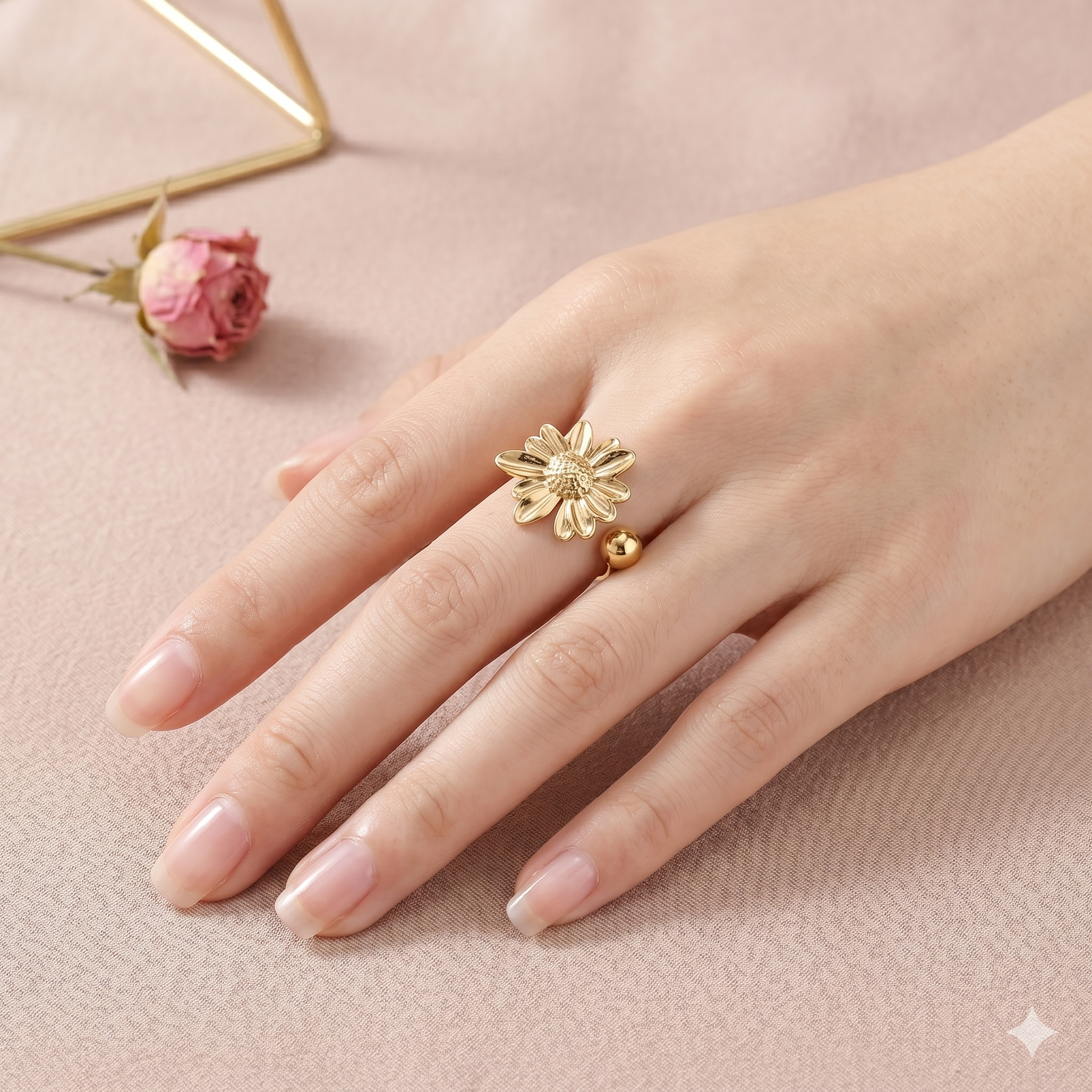 Bague ouverte tournesol et perle